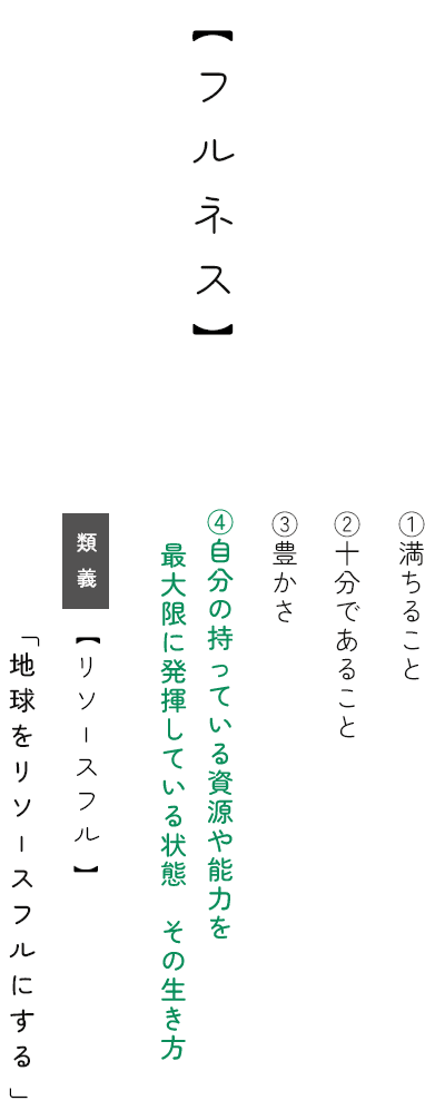 フルネス ①満ちること ②十分であること ③豊かさ ④自分の持っている資源や能力を最大限に発揮している状態 その生き方。類義【リソースフル】「地球をリソースフルにする」