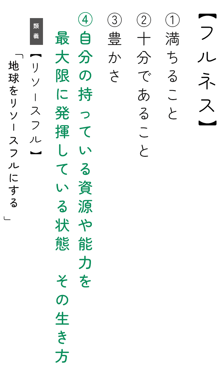 フルネス ①満ちること ②十分であること ③豊かさ ④自分の持っている資源や能力を最大限に発揮している状態 その生き方。類義【リソースフル】「地球をリソースフルにする」